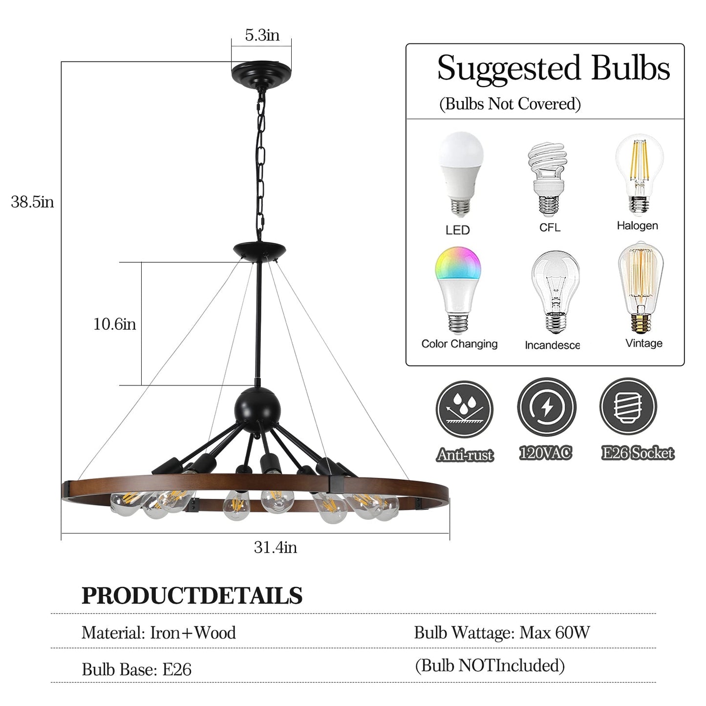 (Same as W1340111208/L1012) 8-Light Retro Farmhouse Chandelier For