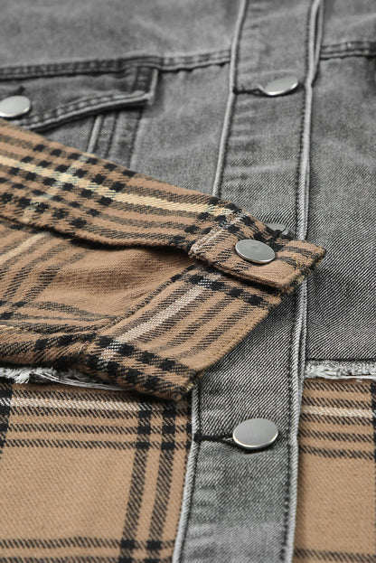 Medium Grey Plaid Patch Distressed Flap Pocket Denim Shacket