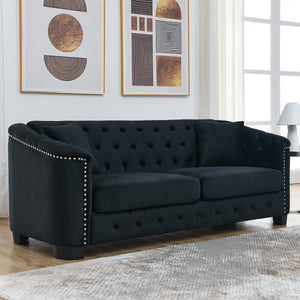 77-Inch Modern Chesterfield Black Velvet Sofa, 3-Seater Sofa, Upholstered | Furniture