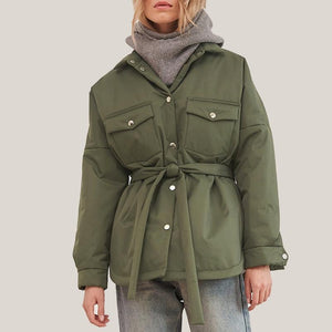 Women Casual Solid Color Parka With With Belt Turn Down Collar Batwing