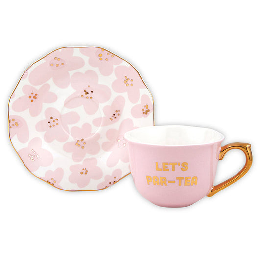 Let's Par-tea Tea Cup and Saucer Set in Pink, Gold and Floral