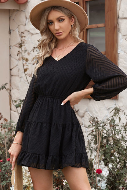 Black Waved Stripes Textured Balloon Sleeve Tiered Dress