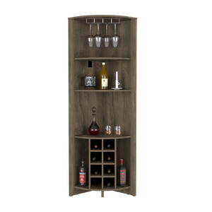 Corner Bar Cabinet  Castle, Three Shelves, Eight Wine Cubbies, Dark