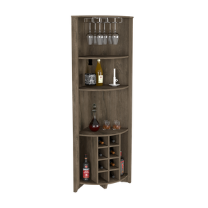 Corner Bar Cabinet  Castle, Three Shelves, Eight Wine Cubbies, Dark