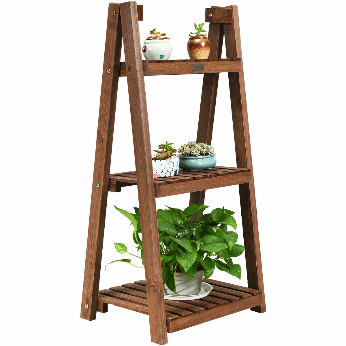 3 Tier Folding Wooden Flower Plant Pot Shelf Display | Home Decor