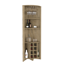 Load image into Gallery viewer, Corner Bar Cabinet  Castle, Three Shelves, Eight Wine Cubbies, Aged
