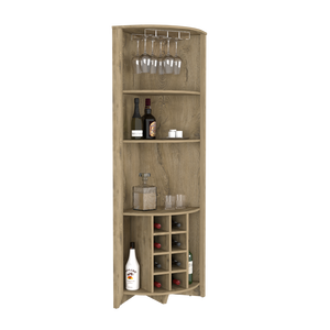 Corner Bar Cabinet  Castle, Three Shelves, Eight Wine Cubbies, Aged