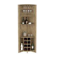 Load image into Gallery viewer, Corner Bar Cabinet  Castle, Three Shelves, Eight Wine Cubbies, Aged
