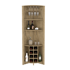 Corner Bar Cabinet  Castle, Three Shelves, Eight Wine Cubbies, Aged