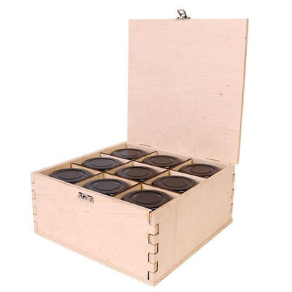 Wooden gift box with 9 gourmet salts and peppers