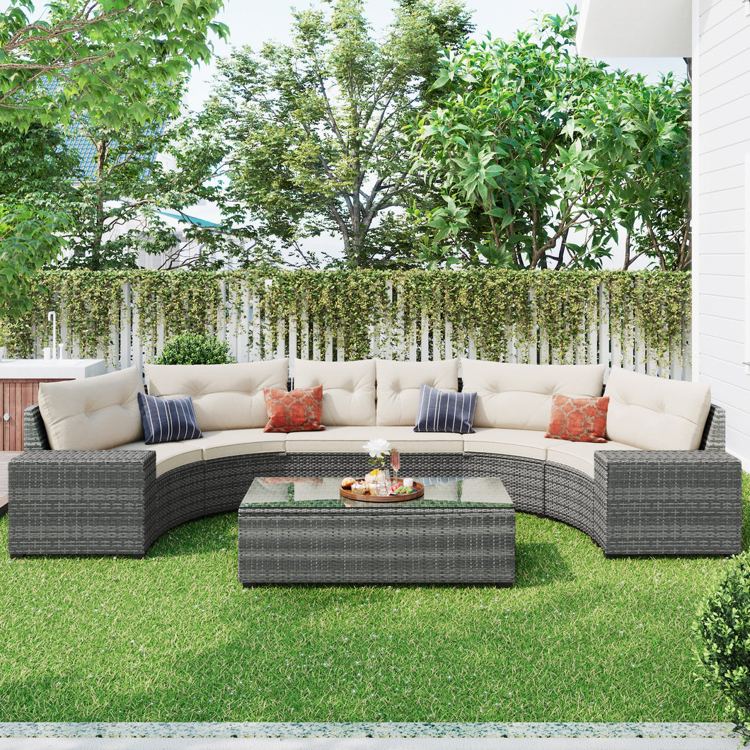 8-pieces Outdoor Wicker Round Sofa Set, Half-Moon Sectional Sets All