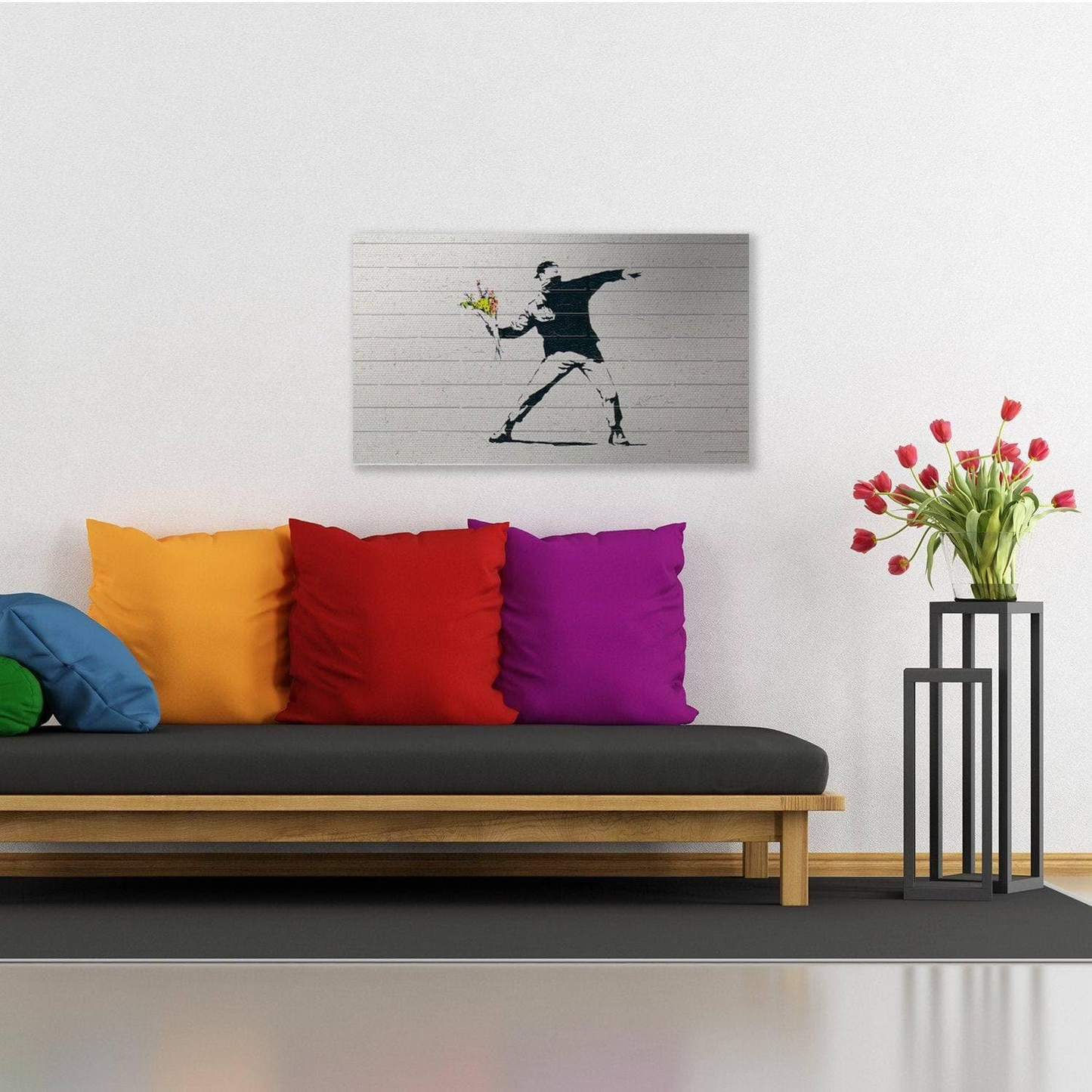 Banksy Flowers Thrower On Canvas -  Flower Throwart Wall Print