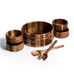 7 Piece - Extra Large Salad Bowl with Servers and 4 Individuals | Wooden Living