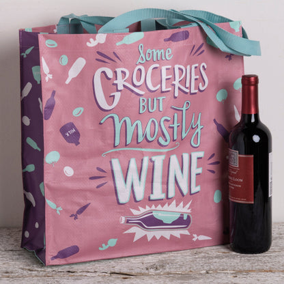 Some Groceries But Mostly Wine Large Market Tote Bag in Pink and Blue