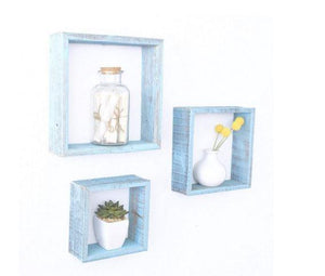 Set of 3 Square Robins Egg Blue Reclaimed Wood Open Box Shelves | Wall Decor