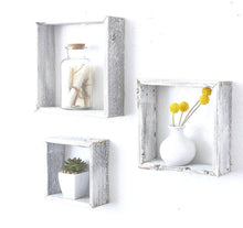 Load image into Gallery viewer, Set of 3 Square Rustic White Wash Wood Open Box Shelves | Wall Decor
