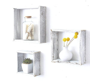 Set of 3 Square Rustic White Wash Wood Open Box Shelves | Wall Decor