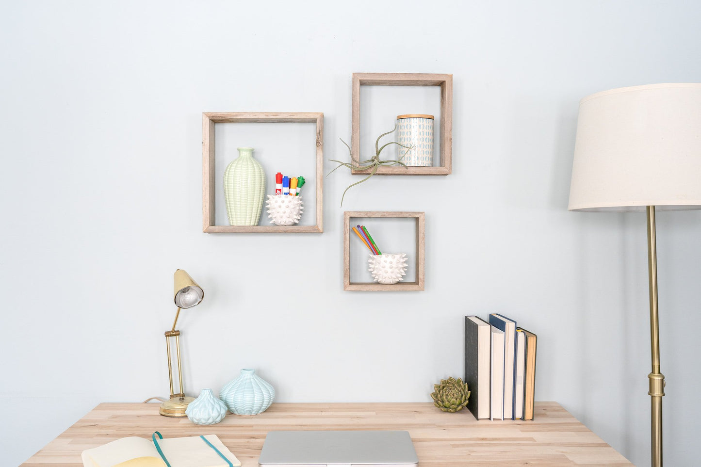 Set of 3 Square Rustic White Wash Wood Open Box Shelves | Wall Decor