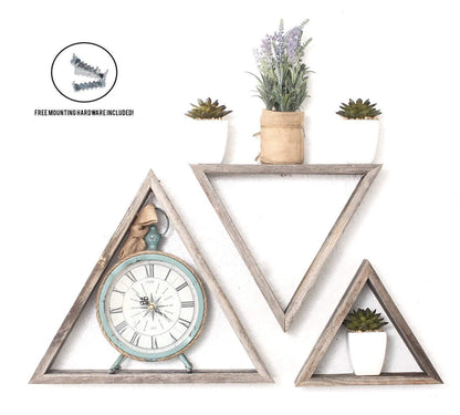 Set of 3 Triangle Rustic Natural Weathered Grey Wood Open Box Shelves | Wall Decor