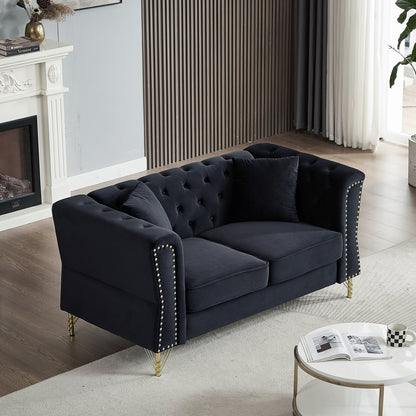 60.2" Chesterfield Sofa Black Velvet for Living Room, 2 Seater Sofa - Velvet | Furniture