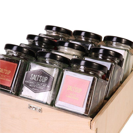 Wooden gift box with 9 gourmet salts and peppers