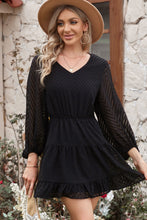 Load image into Gallery viewer, Black Waved Stripes Textured Balloon Sleeve Tiered Dress
