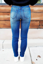 Load image into Gallery viewer, Dark Wash Mid Rise Distressed Plaid Patch Skinny Jeans
