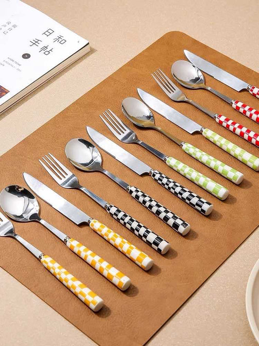 6 - Pack Modern Checkered Flatware Sets | Silver Rosemary Collection