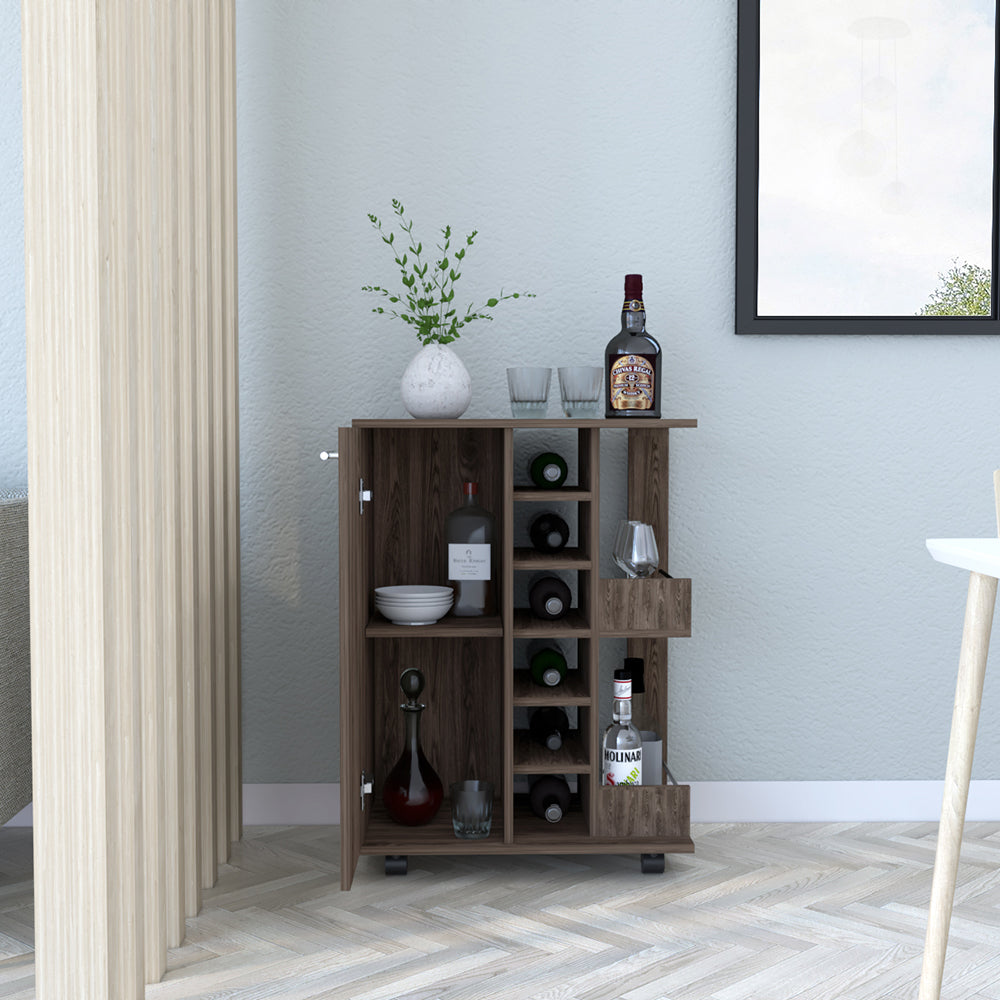 Bar Cart Wells, Four Casters, Dark Walnut Finish