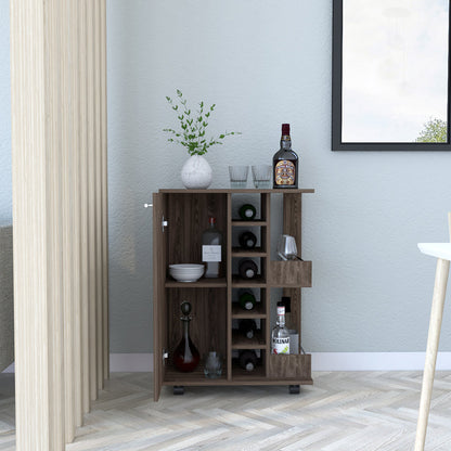 Bar Cart Wells, Four Casters, Dark Walnut Finish