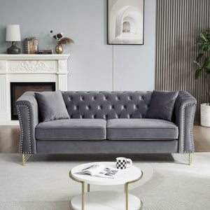 81.8" Chesterfield Sofa Grey Velvet for Living Room, 3 Seater Sofa | Furniture