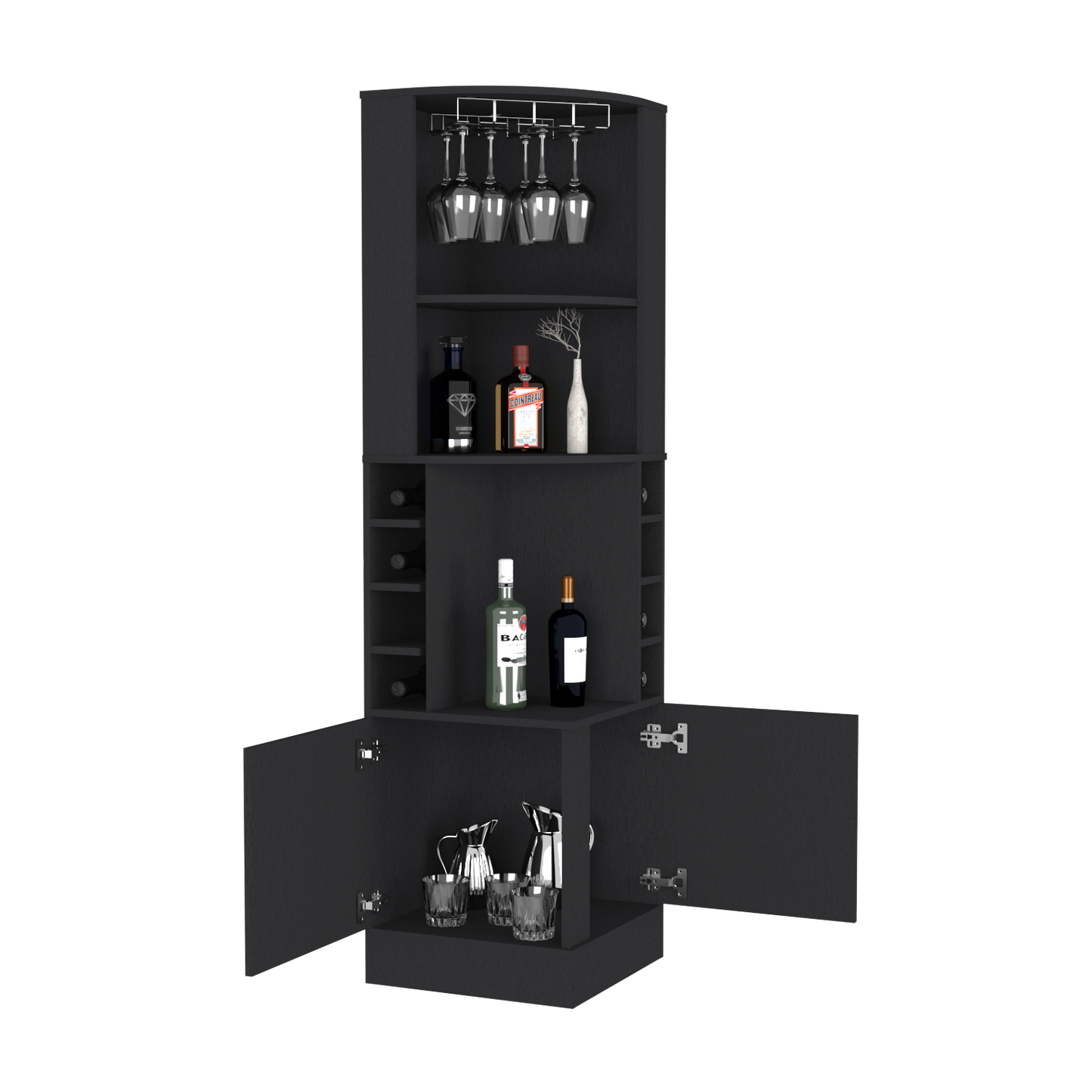 Bar Cabinet Papprika, 8 Wine Cubbies, Double Door, Black Wengue Finish