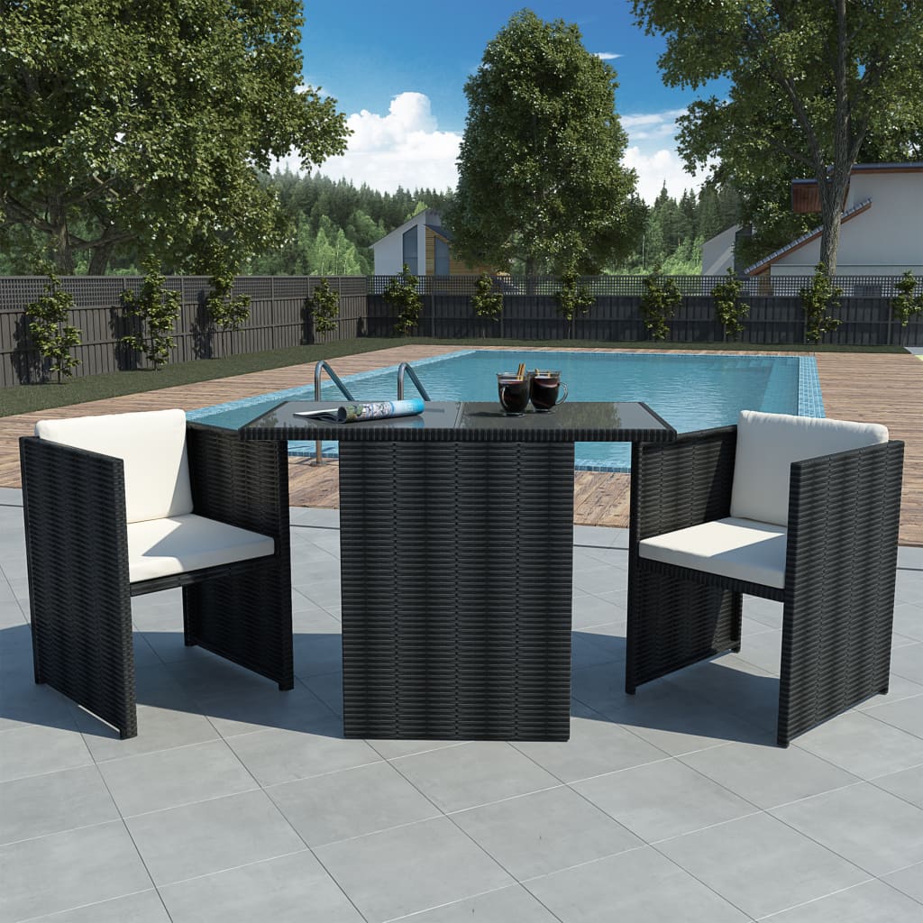 3 Piece Bistro Set with Cushions Poly Rattan Black | Outdoor Living