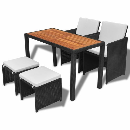 5 Piece Outdoor Dining Set Poly Rattan and Acacia Wood Black | Outdoor Dining