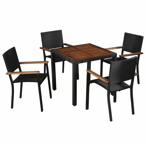 5 Piece Outdoor Dining Set Poly Rattan and Acacia Wood Black | Outdoor Dining