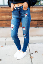 Load image into Gallery viewer, Dark Wash Mid Rise Distressed Plaid Patch Skinny Jeans
