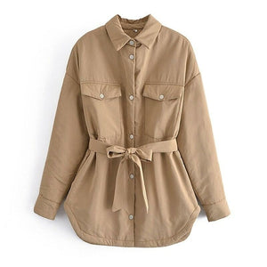 Women Casual Solid Color Parka With With Belt Turn Down Collar Batwing