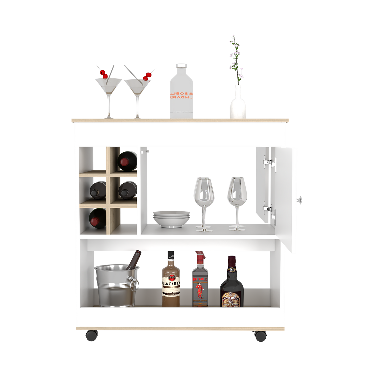 Bar Cart Aloha, Lower Panel, Six Bottle Cubbies, One Cabinet, Light