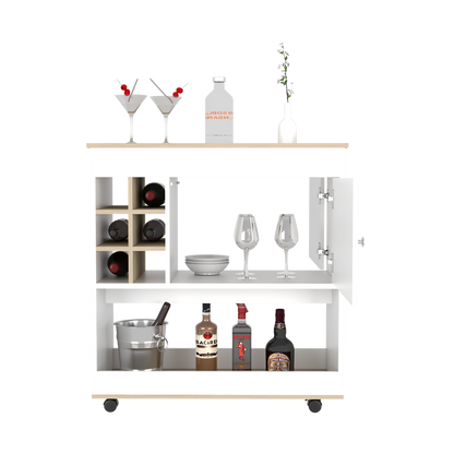 Bar Cart Aloha, Lower Panel, Six Bottle Cubbies, One Cabinet, Light