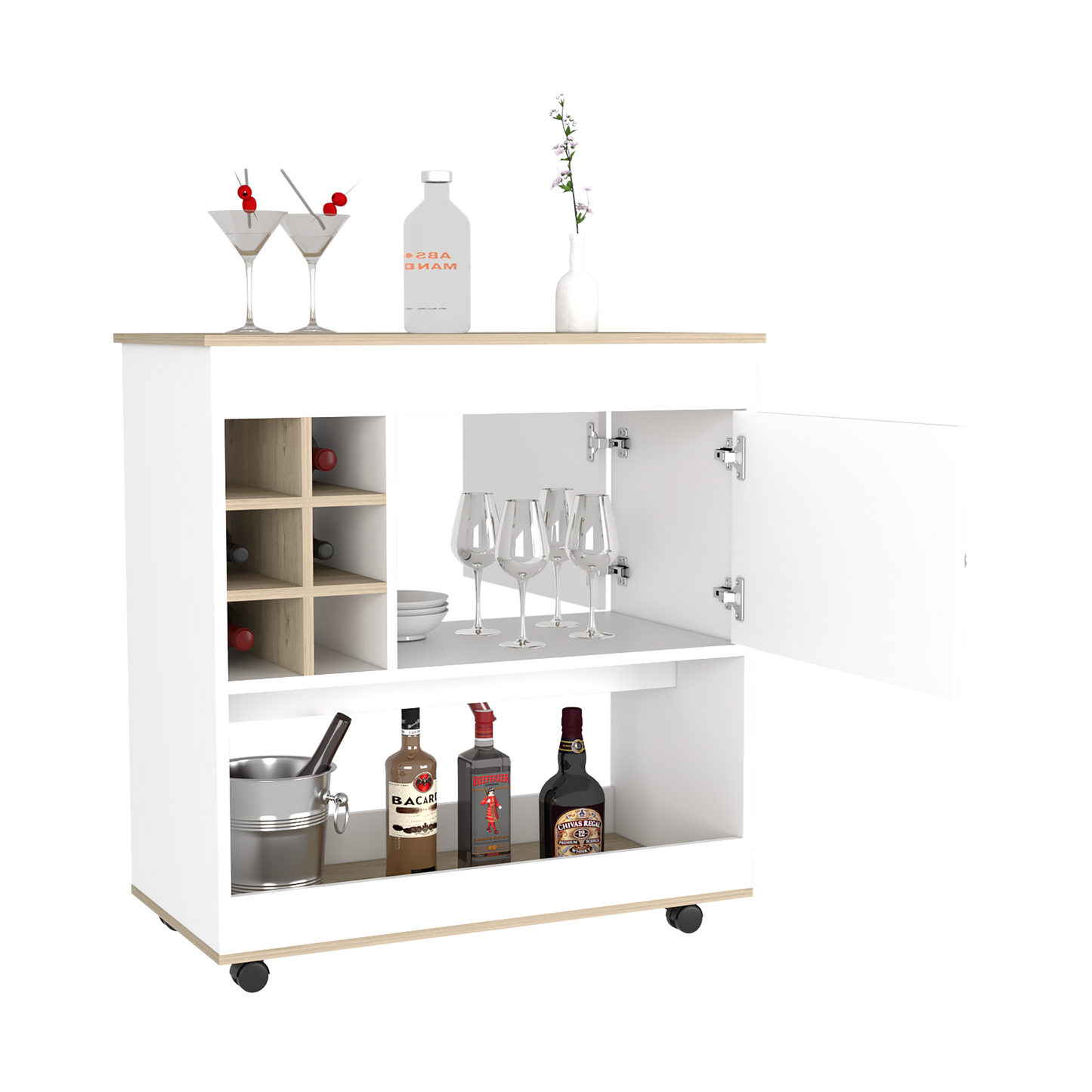 Bar Cart Aloha, Lower Panel, Six Bottle Cubbies, One Cabinet, Light