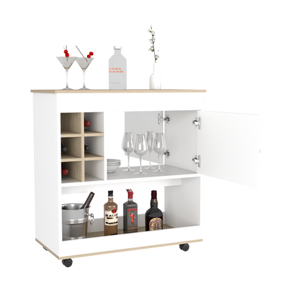 Bar Cart Aloha, Lower Panel, Six Bottle Cubbies, One Cabinet, Light