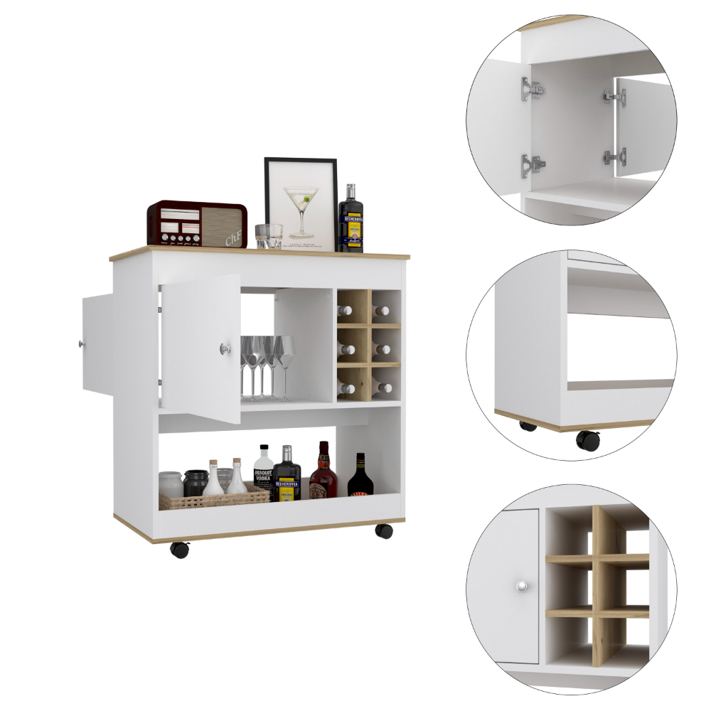 Bar Cart Aloha, Lower Panel, Six Bottle Cubbies, One Cabinet, Light