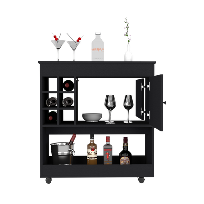 Bar Cart Aloha, Lower Panel, Six Bottle Cubbies, One Cabinet, Black