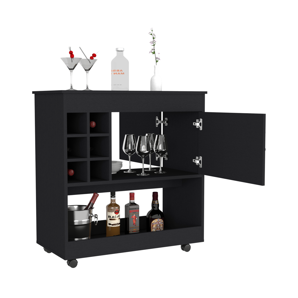 Bar Cart Aloha, Lower Panel, Six Bottle Cubbies, One Cabinet, Black