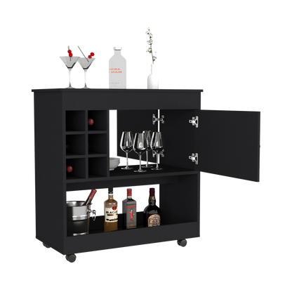 Bar Cart Aloha, Lower Panel, Six Bottle Cubbies, One Cabinet, Black