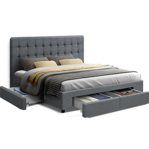 Artiss Avio Bed Frame Fabric Storage Drawers - Grey King