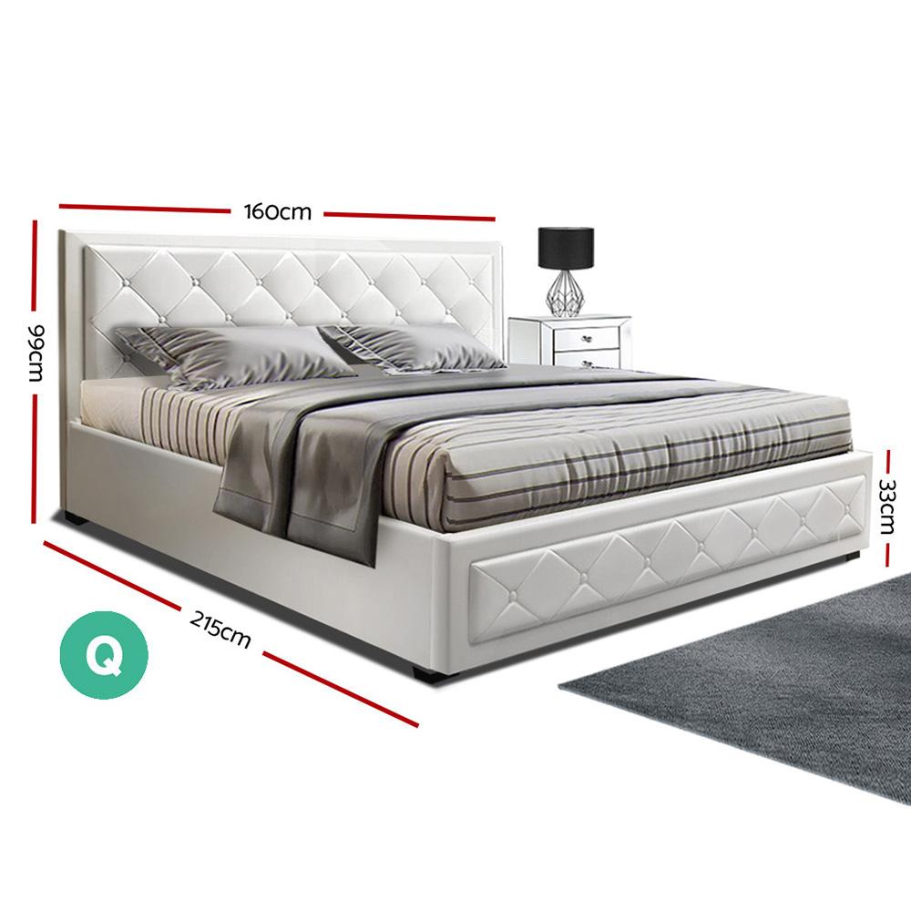 Artiss Tiyo Bed Frame PU Leather Gas Lift Storage - White Queen