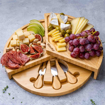 Bamboo Cheese Board and Knife Set - 14 Inch Swiveling Charcuterie