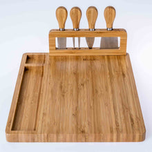 Load image into Gallery viewer, Bamboo Cheese Board and Knife Set - 14x11 inch Charcuterie Board with
