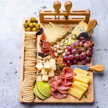 Load image into Gallery viewer, Bamboo Cheese Board and Knife Set - 14x11 inch Charcuterie Board with
